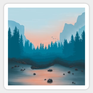 Forest Peach And Teal Minimalistic Landscape Digital Illustration Sticker